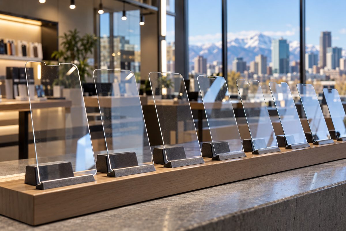 Row of precision tempered glass protectors showing varied edge radii and oleophobic treatments.