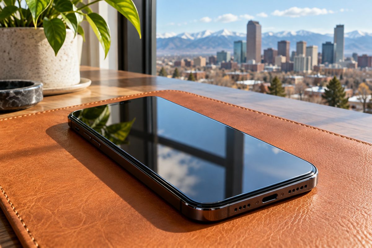 Customer examining the smooth reflection of their newly protected smartphone at the workshop counter.