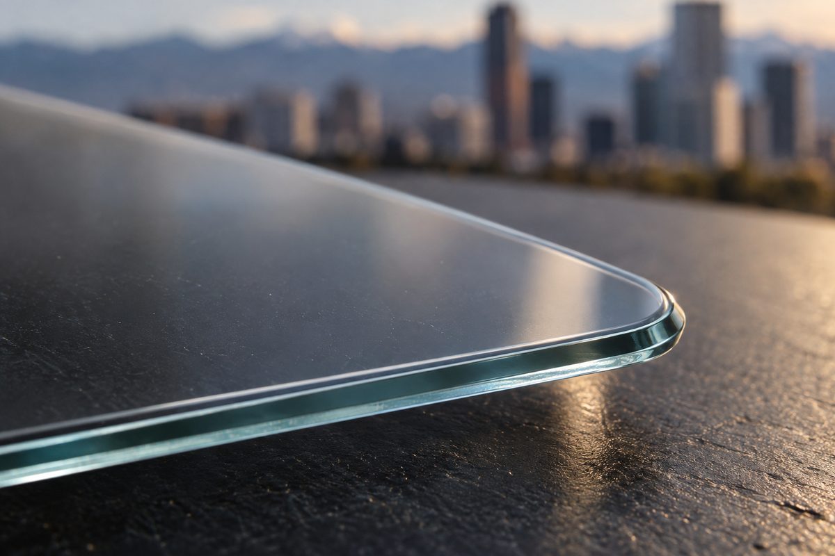 Tempered glass protector aligned millimetres above the smartphone screen prior to contact.