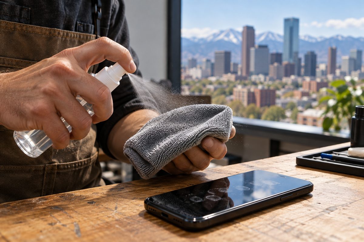 Decontaminating isopropyl alcohol wipe clearing oils from phone glass before protector installation.