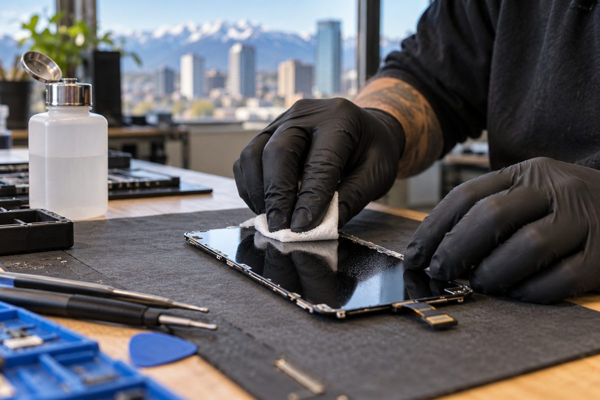 Microfiber wipe and solvent clearing microscopic dust particles from a bare smartphone screen.