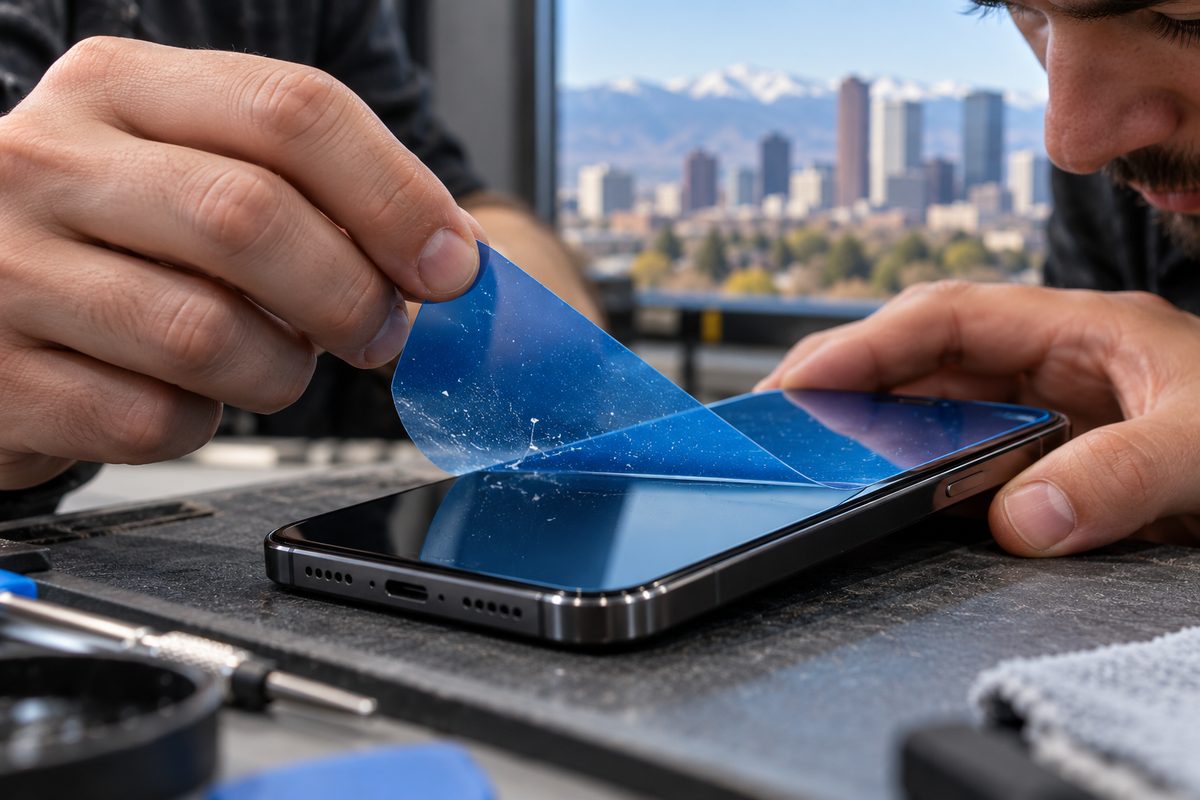 Low-tack dust sticker methodically clearing dust particles from the smartphone display.