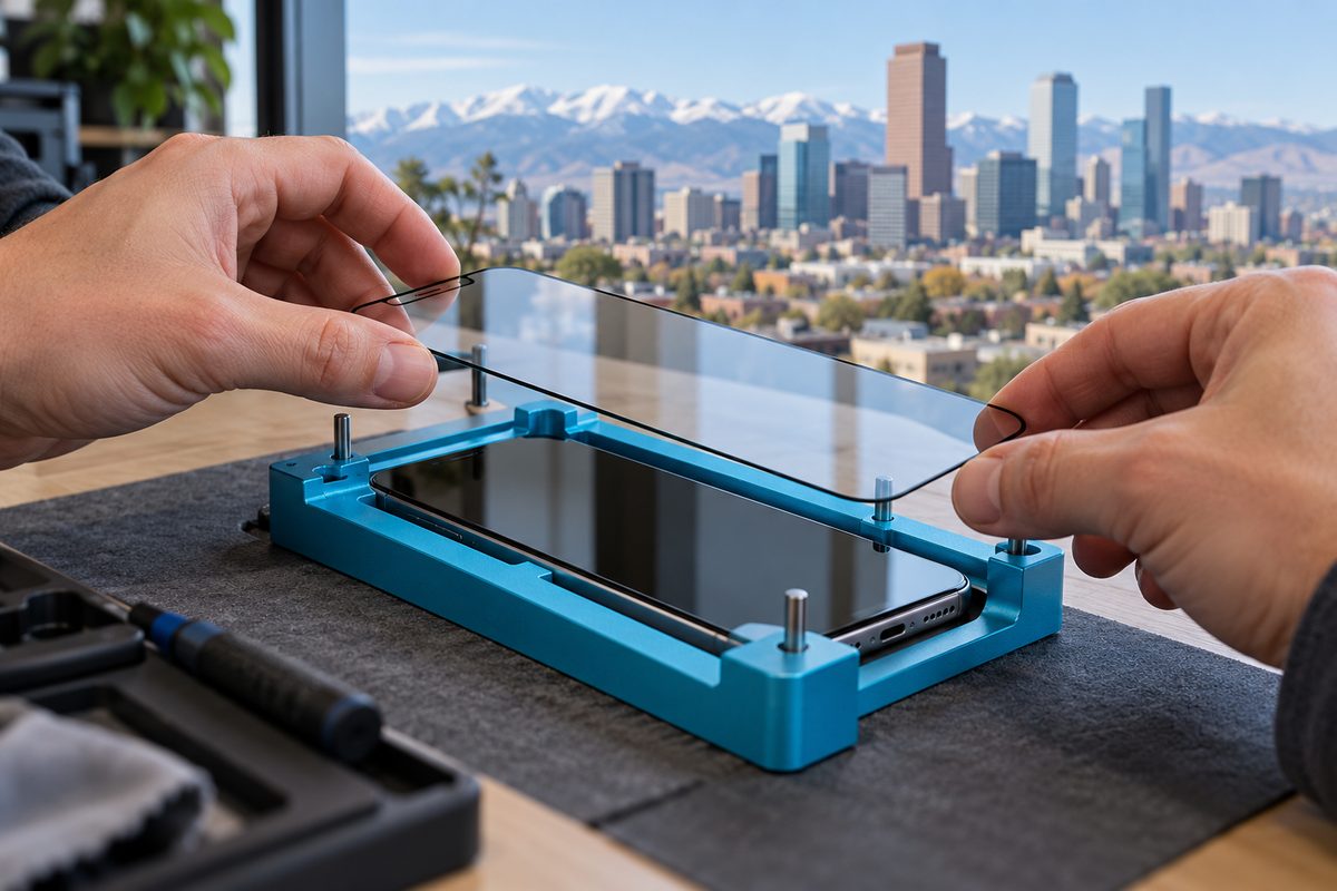 Smartphone secured inside a rigid precision alignment frame ready for tempered glass placement.